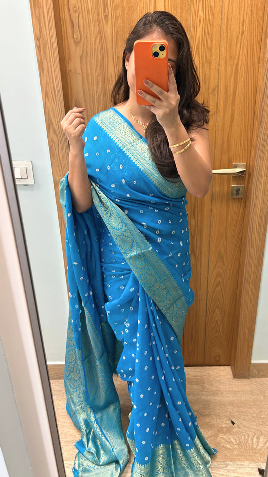 Bright Blue Bandhani Chanderi Saree
