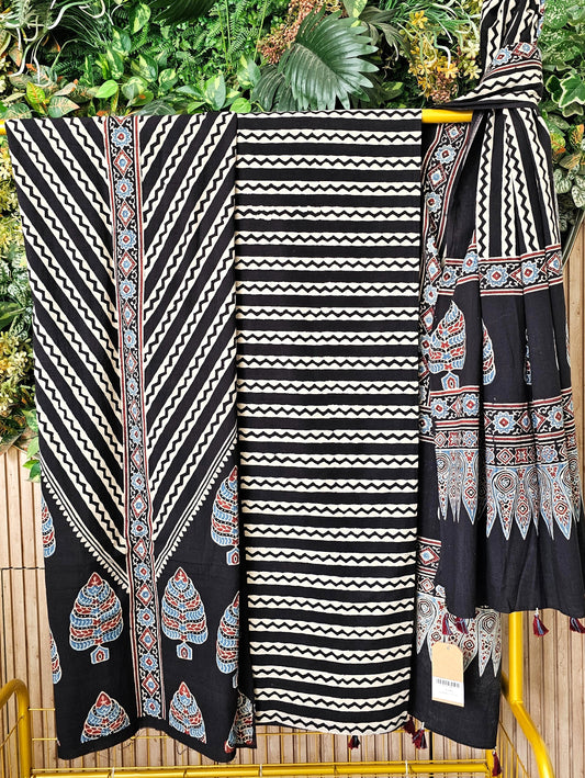 Black Cotton Ajrakh Handblock Printed Cotton Suit Set