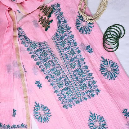 Tea Pink Chikankari Pure Mul Chanderi Suit