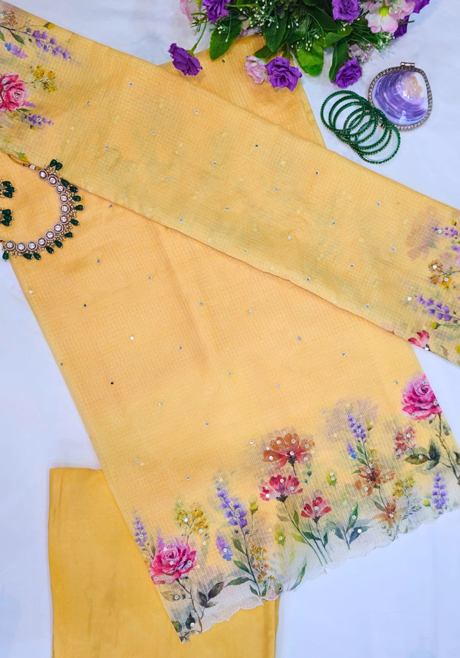 Butter Yellow Kota Silk Suit with Mirror Work & Floral Detailing Set of three.