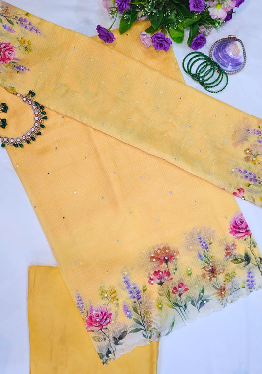 Butter Yellow Kota Silk Suit with Mirror Work & Floral Detailing Set of three.