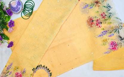 Butter Yellow Kota Silk Suit with Mirror Work & Floral Detailing Set of three.