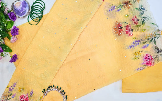 Butter Yellow Kota Silk Suit with Mirror Work & Floral Detailing Set of three.