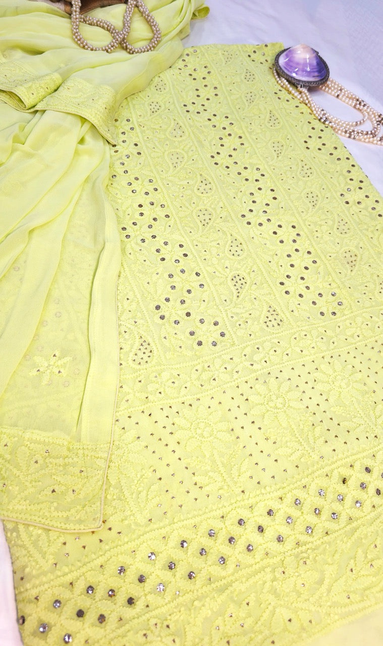 Lemon Green Chikankari Mukaish Suit