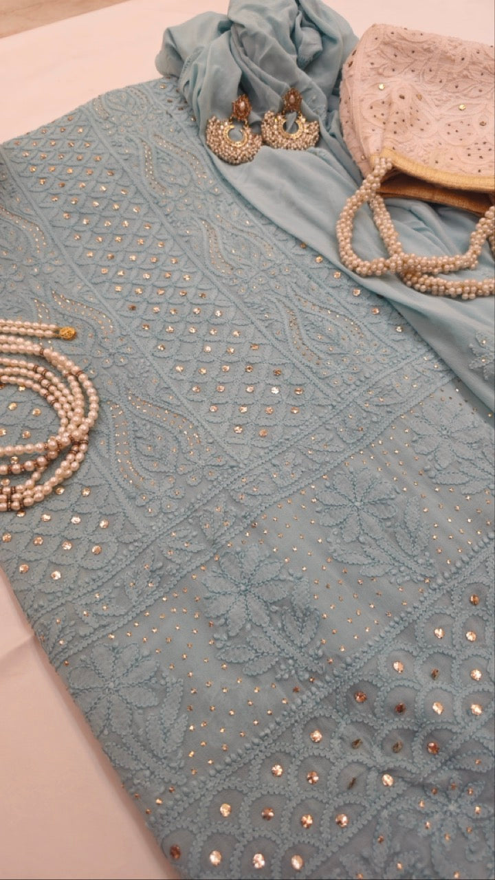 Cornflour Blue Chikankari Mukaish Suit