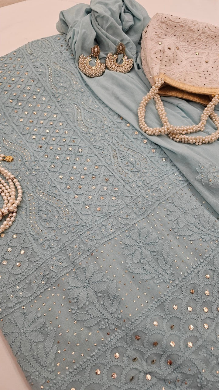 Cornflour Blue Chikankari Mukaish Suit