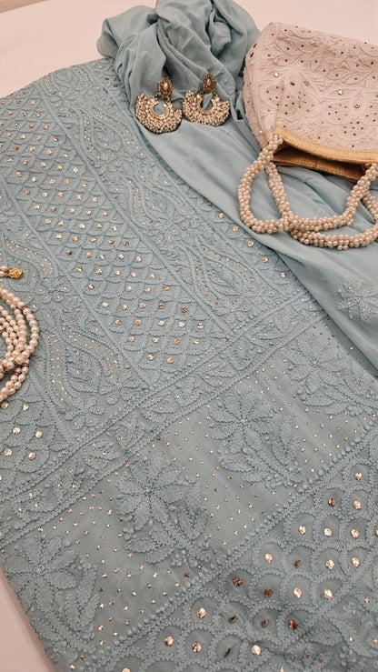 Cornflour Blue Chikankari Mukaish Suit