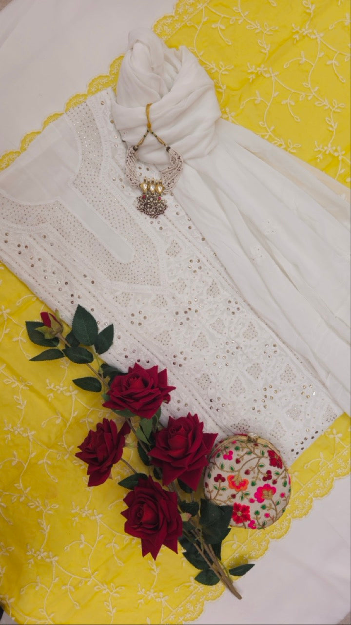 White Chikankari Mukaish Suit