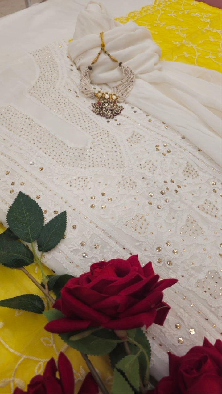 White Chikankari Mukaish Suit