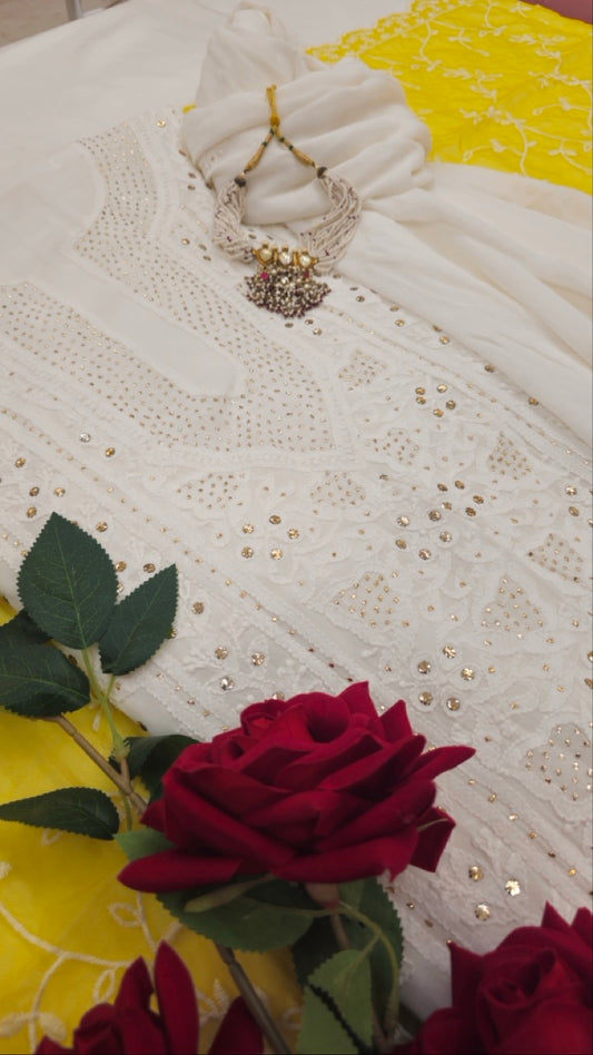White Chikankari Mukaish Suit