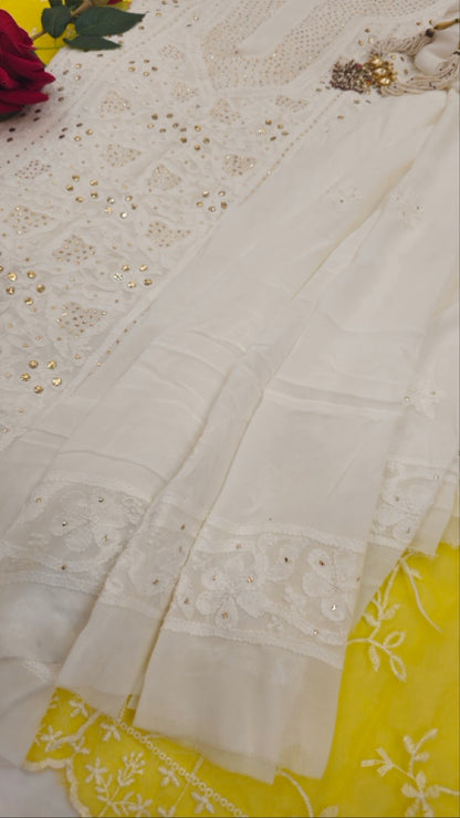White Chikankari Mukaish Suit