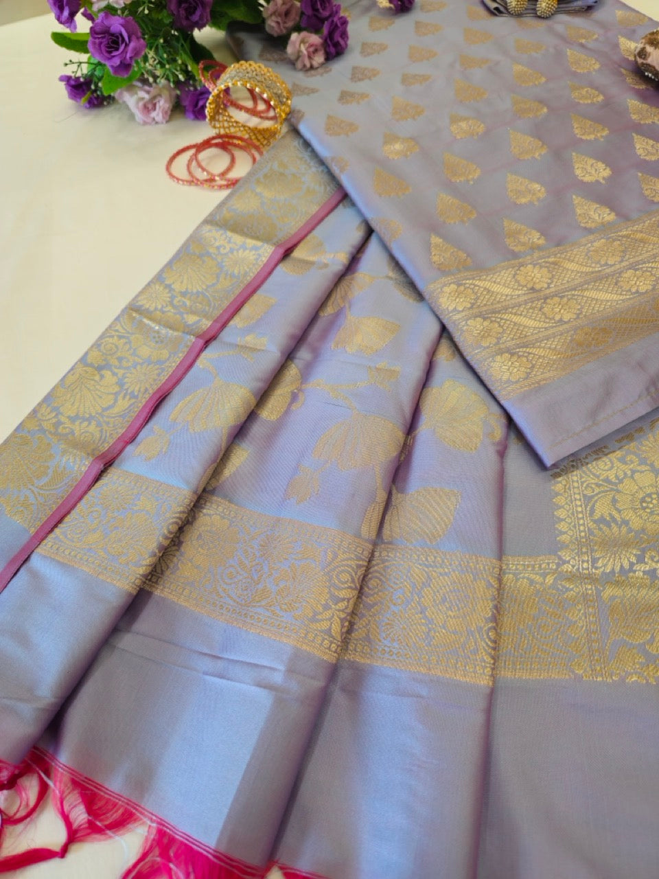 Smoky Lavender Pure Banarasi Silk Suit Set