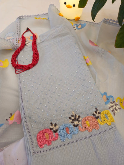 Misty Blue Embroidered Kota Suit