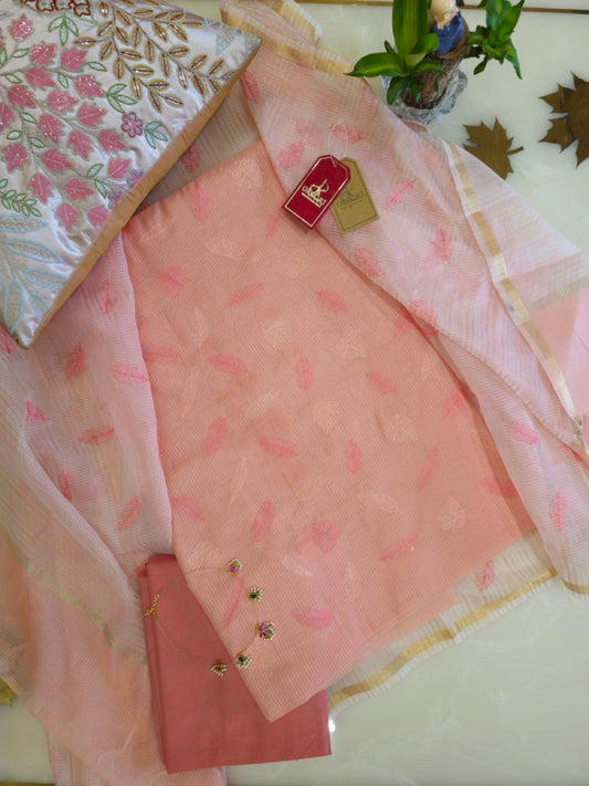 Peach Linen Embroidered Suit with Tissue Dupatta Elegant Everyday Edit