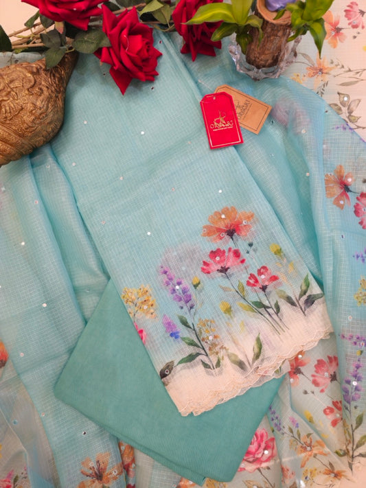 Sea Green Kota Silk Suit with Mirror Work and Floral Detailing (Set of Three)