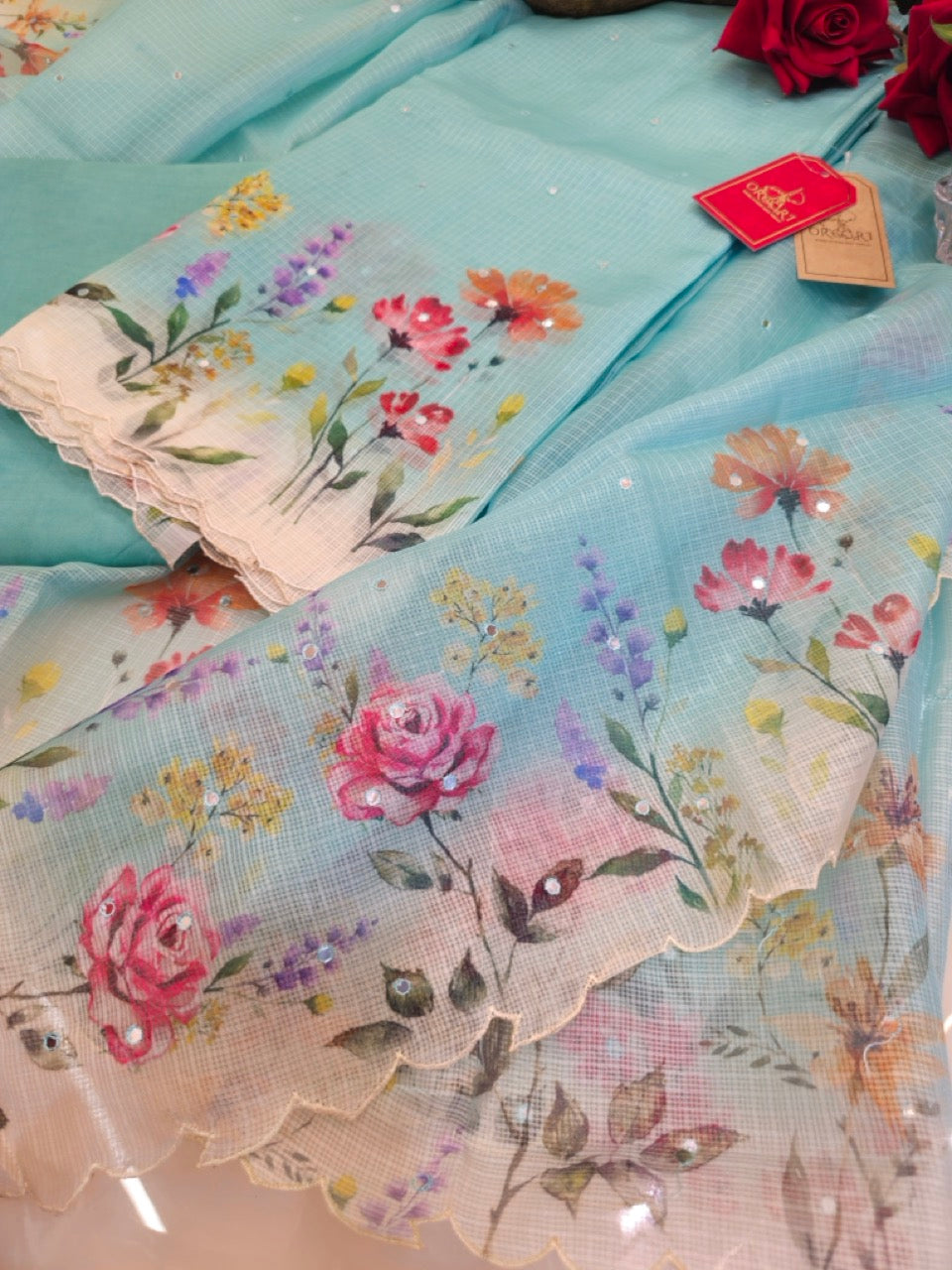 Sea Green Kota Silk Suit with Mirror Work and Floral Detailing (Set of Three)