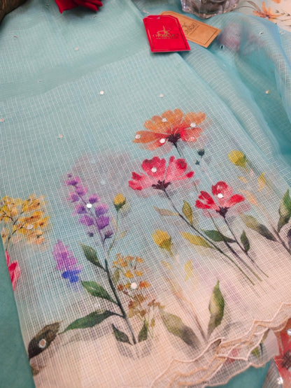 Sea Green Kota Silk Suit with Mirror Work and Floral Detailing (Set of Three)