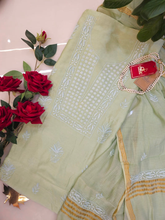 Sage Green Chanderi Suit Set (Set of Two, Kurta and Dupatta)