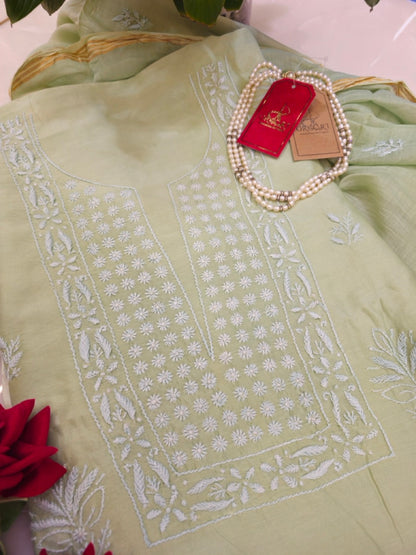 Sage Green Chanderi Suit Set (Set of Two, Kurta and Dupatta)