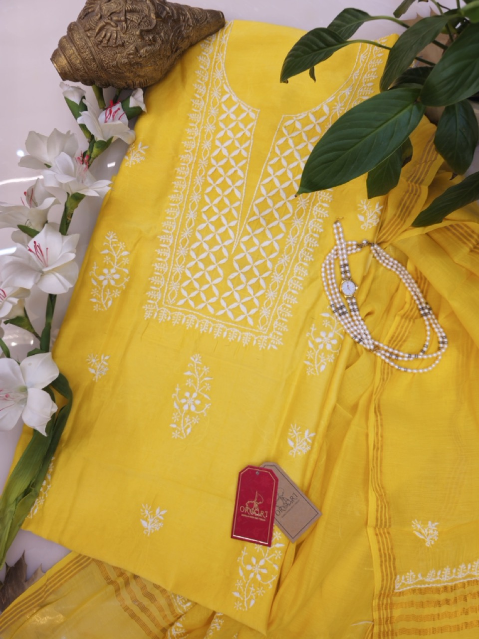 Primrose Yellow Chanderi Chikankari Suit (Set of Two, Kurta and Dupatta)
