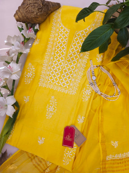Primrose Yellow Chanderi Chikankari Suit (Set of Two, Kurta and Dupatta)
