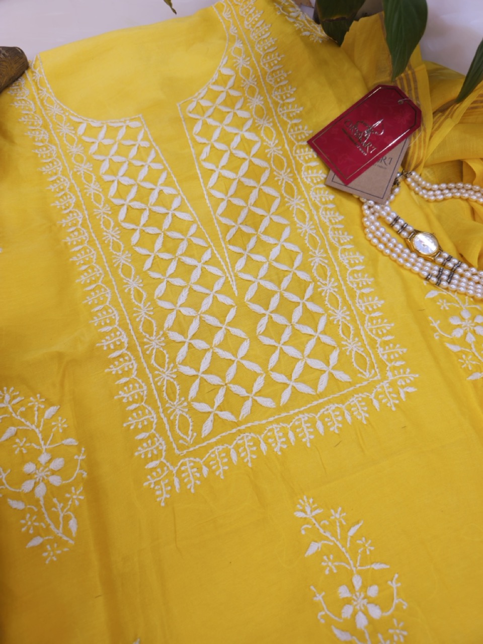 Primrose Yellow Chanderi Chikankari Suit (Set of Two, Kurta and Dupatta)