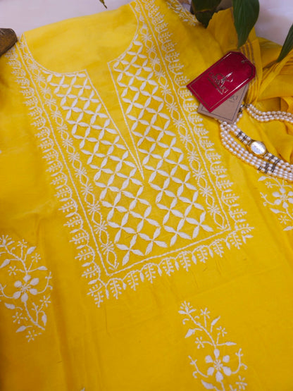 Primrose Yellow Chanderi Chikankari Suit (Set of Two, Kurta and Dupatta)