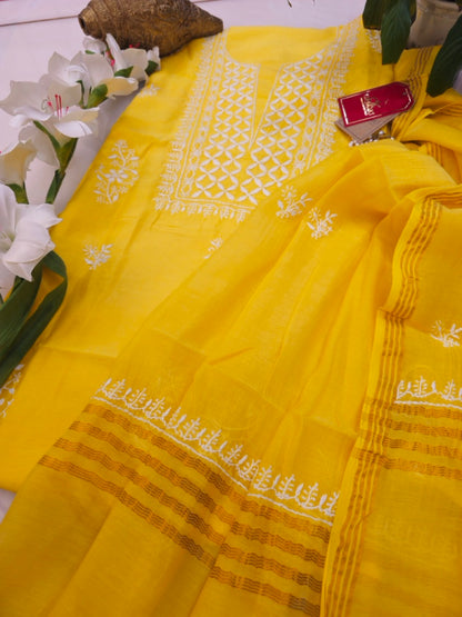 Primrose Yellow Chanderi Chikankari Suit (Set of Two, Kurta and Dupatta)