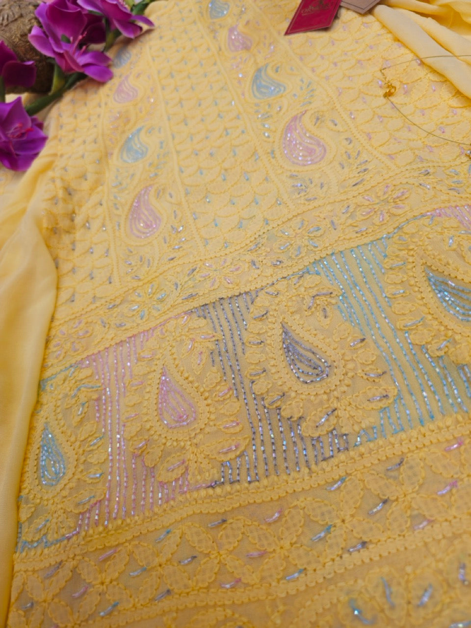Yellow Pure Georgette Chikankari Suit.