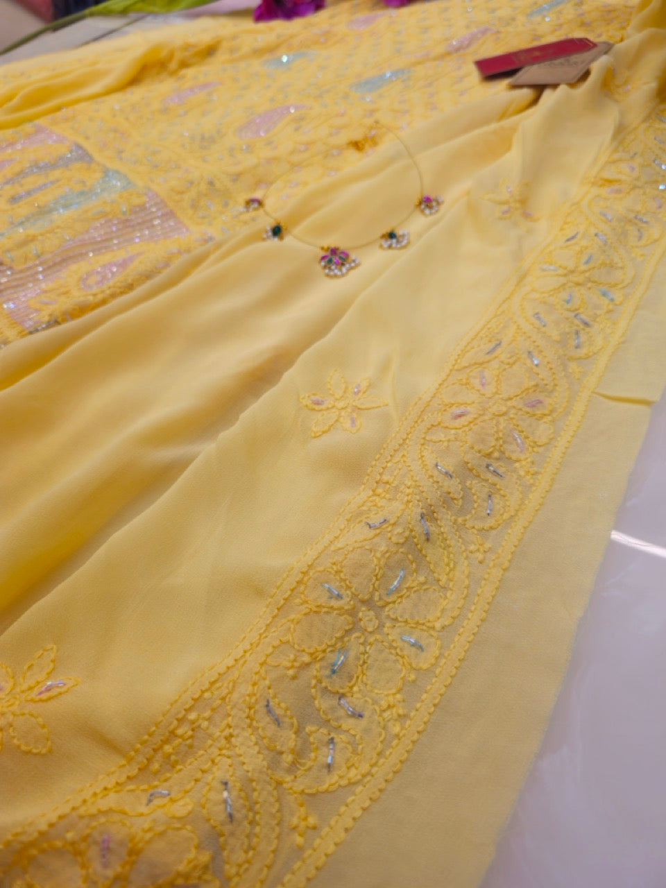 Yellow Pure Georgette Chikankari Suit.