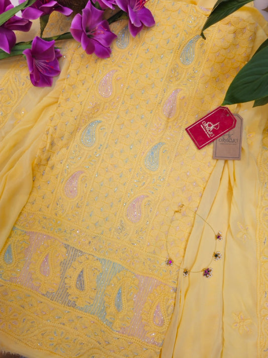 Yellow Pure Georgette Chikankari Suit.