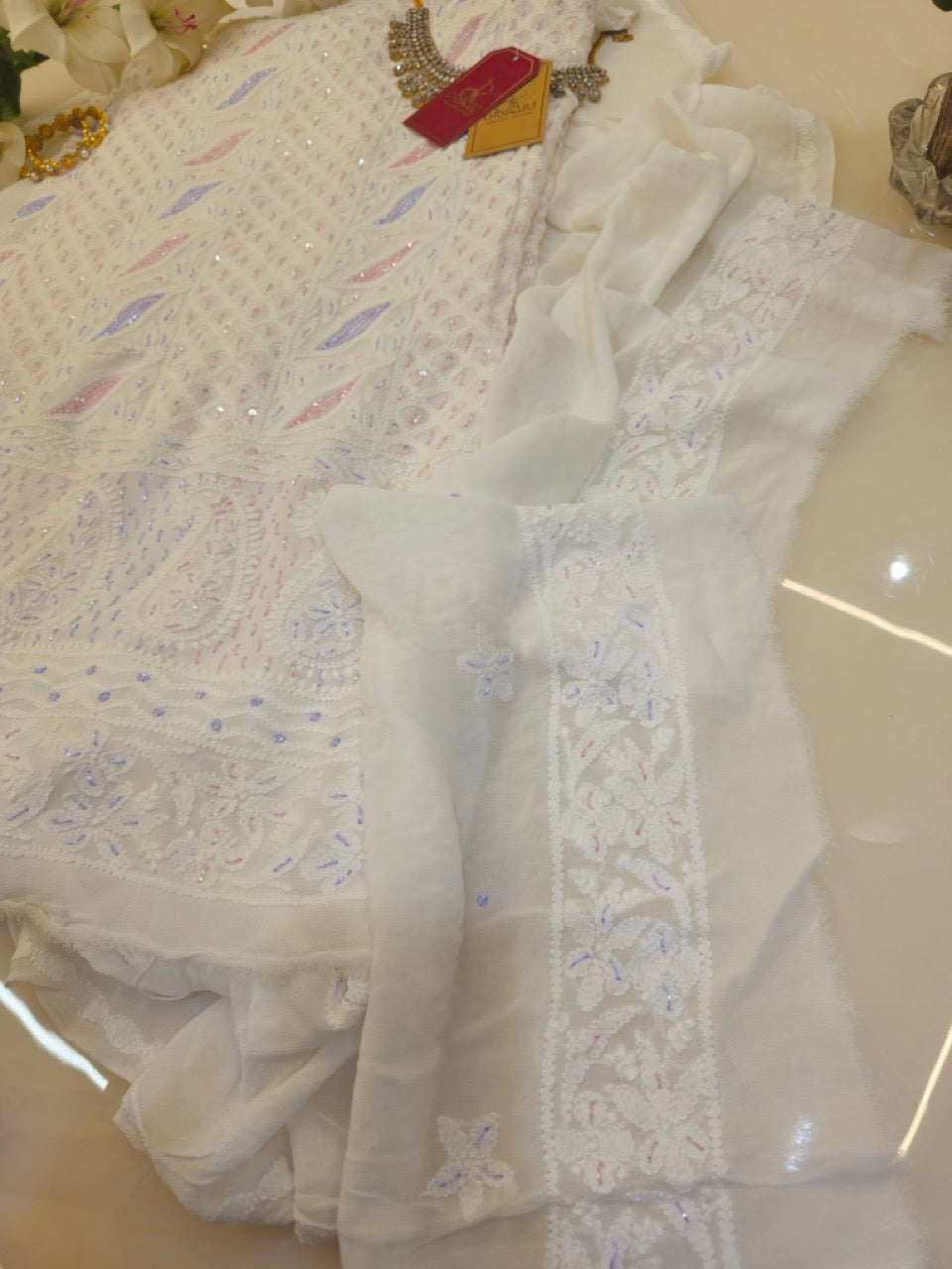 White Pure Georgette Chikankari Suit