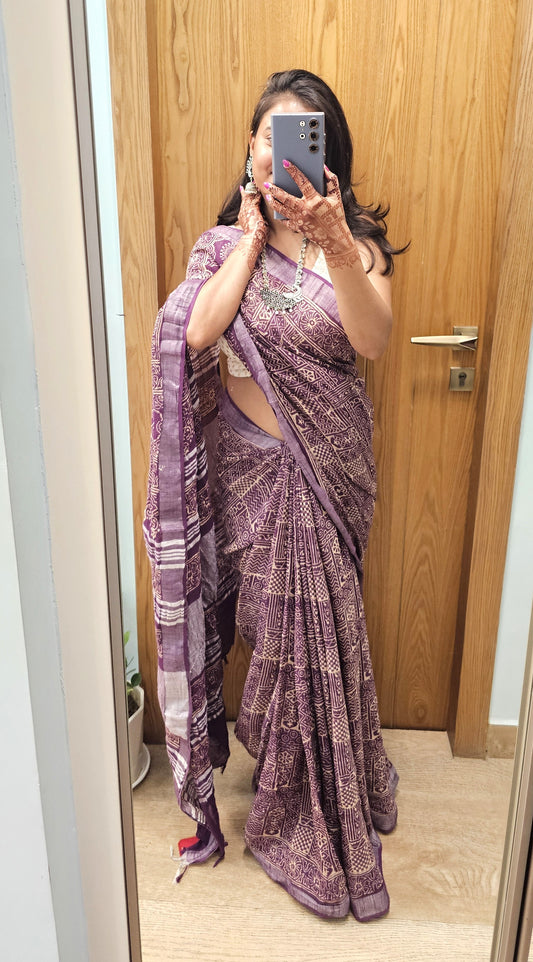 Purple Ajrakh Soft Linen Saree