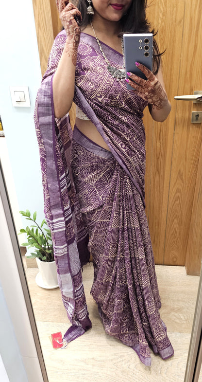 Purple Ajrakh Soft Linen Saree