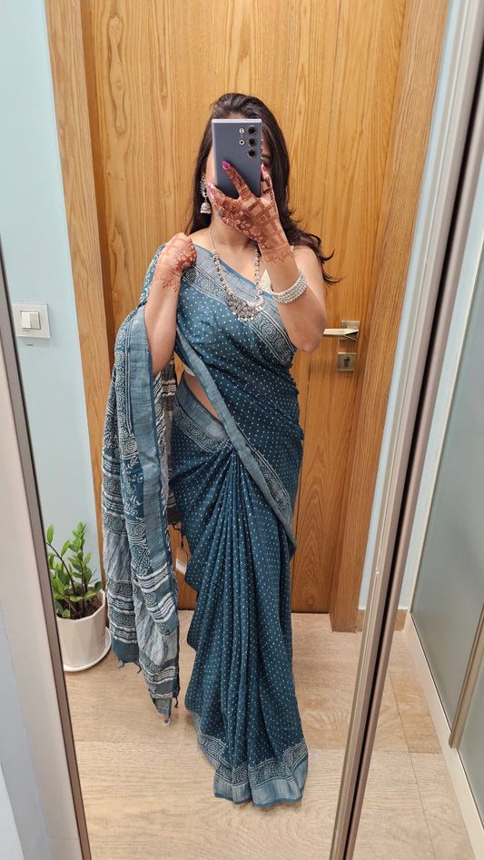 Teal Ajrakh Soft Linen Saree