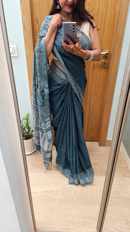 Teal Ajrakh Soft Linen Saree
