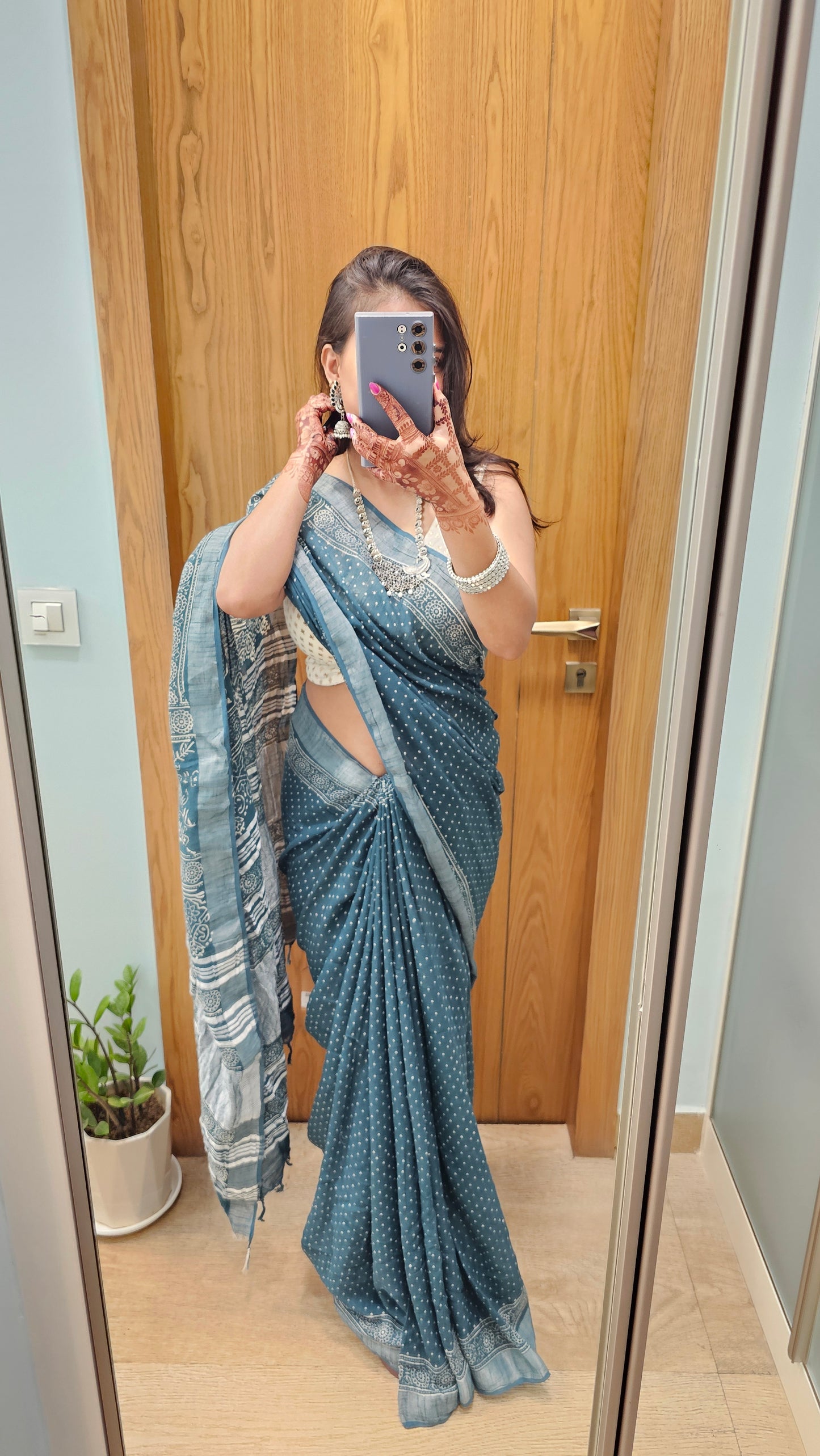 Teal Ajrakh Soft Linen Saree