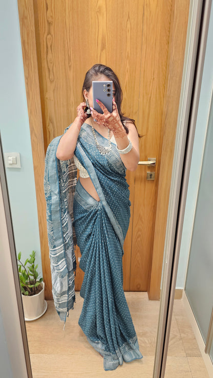 Teal Ajrakh Soft Linen Saree