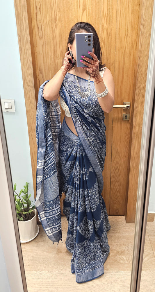 Blue Ajrakh Soft Linen Saree