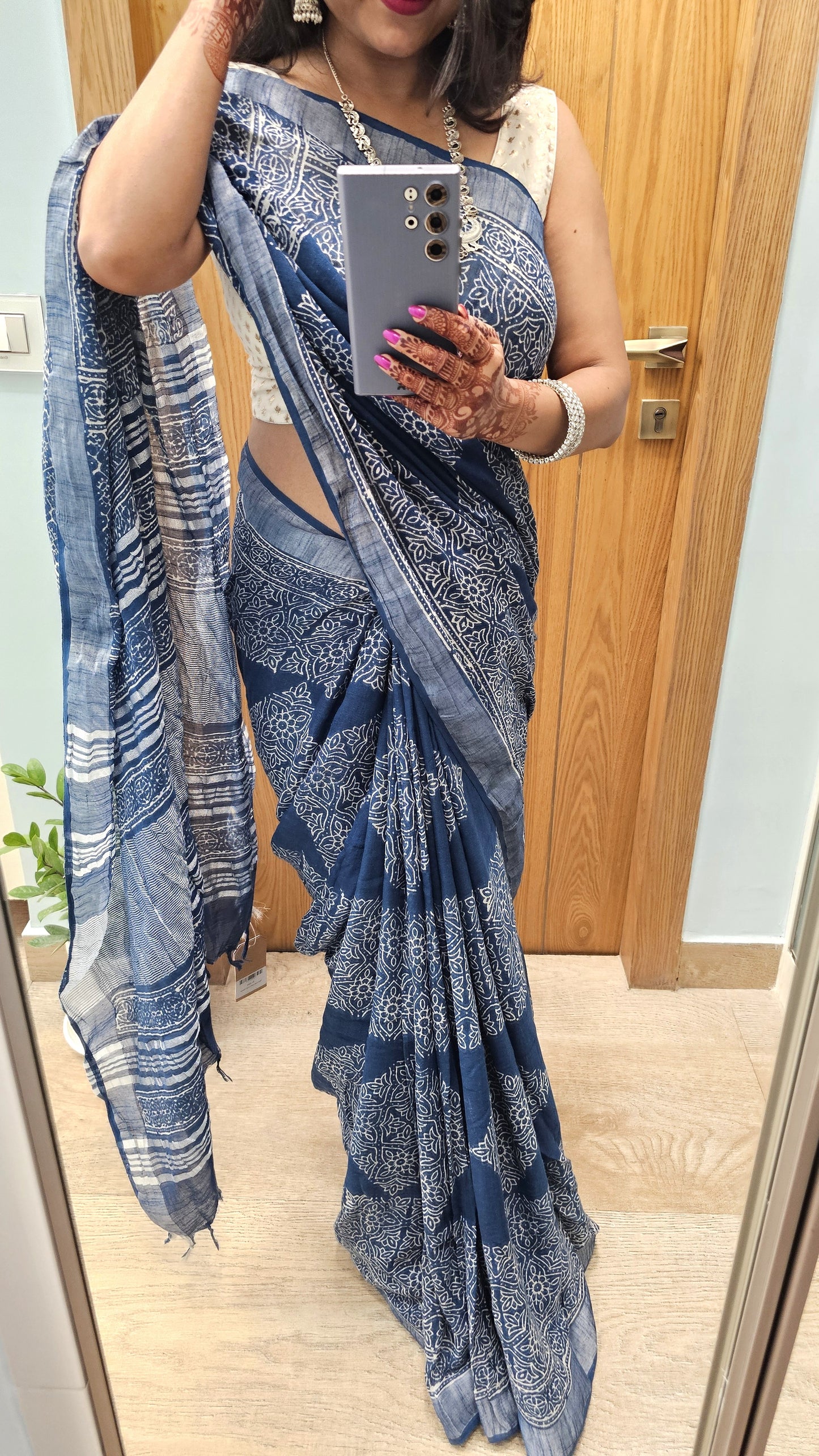 Blue Ajrakh Soft Linen Saree