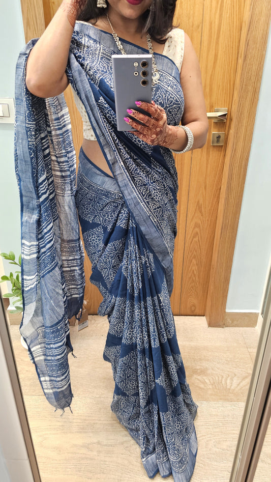 Blue Ajrakh Soft Linen Saree