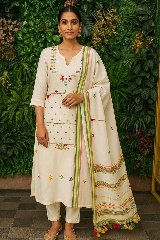 Off-White Bhujodi Kala Cotton Handwoven Suit Set