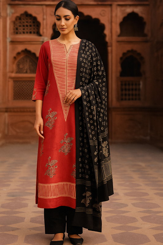 Rusty Red Cotton Ajrakh Handblock Printed Suit Set