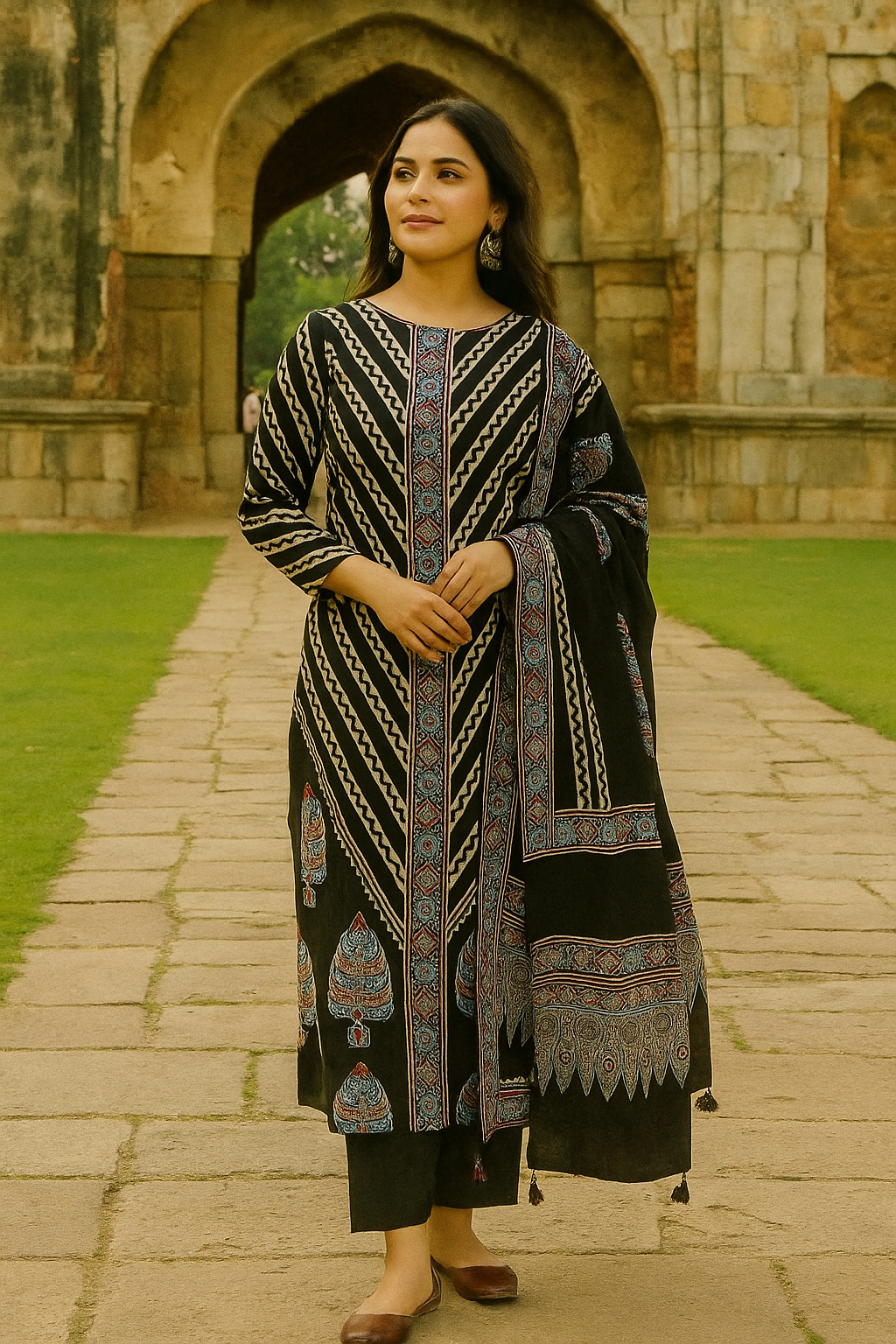 Black Cotton Ajrakh Handblock Printed Cotton Suit Set