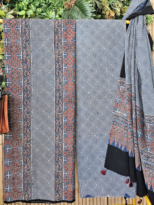 Blue Cotton Ajrakh Handblock Printed Cotton Suit Set