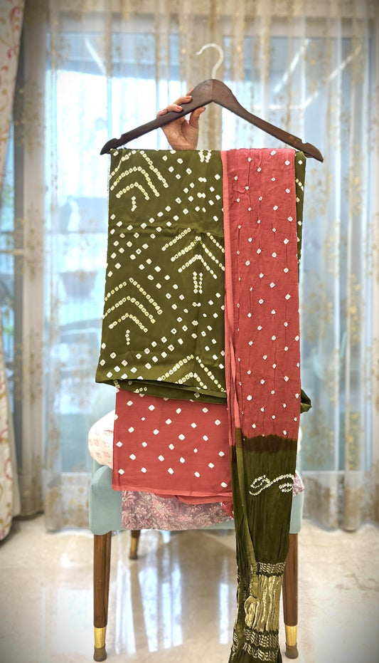 Olive Bandhani Modal Silk Suit