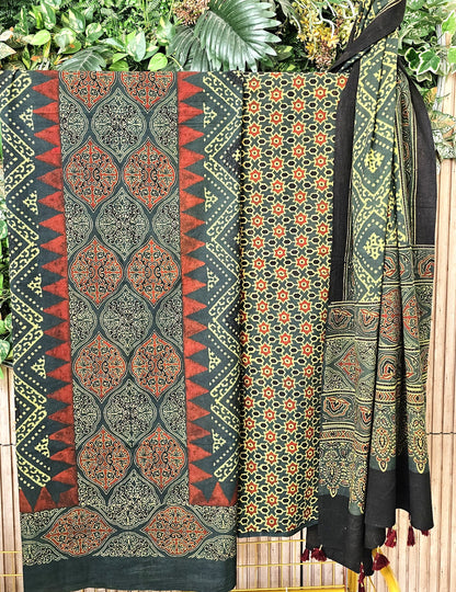 Green Cotton Ajrakh Handblock Printed Cotton Suit Set