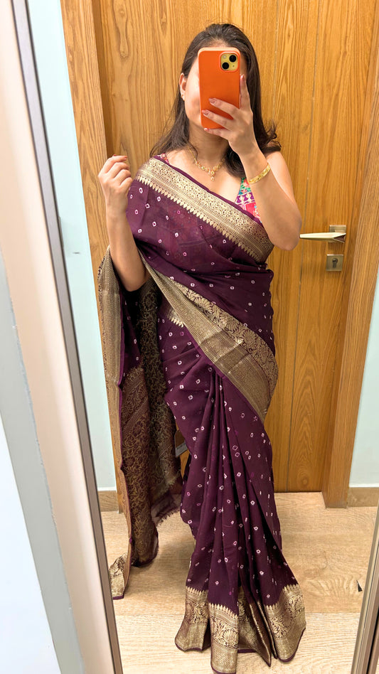Deep Wine Bandhani Chanderi Saree