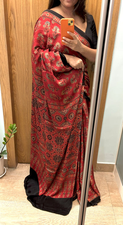 Maroon Ajrakh Modal Silk Saree