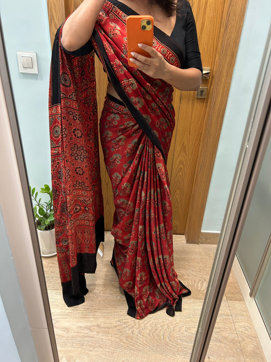 Maroon Ajrakh Modal Silk Saree
